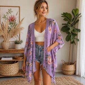 Jolt Floral Kimono Lavender Purple Crochet Trim Boho Cottagecore Festival Sheer
